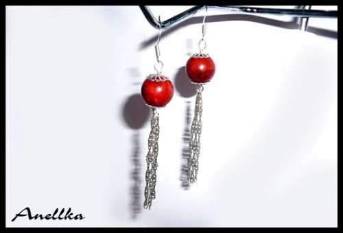 Серьги. серебро 925(швенза и цепочки), камень индийский коралл